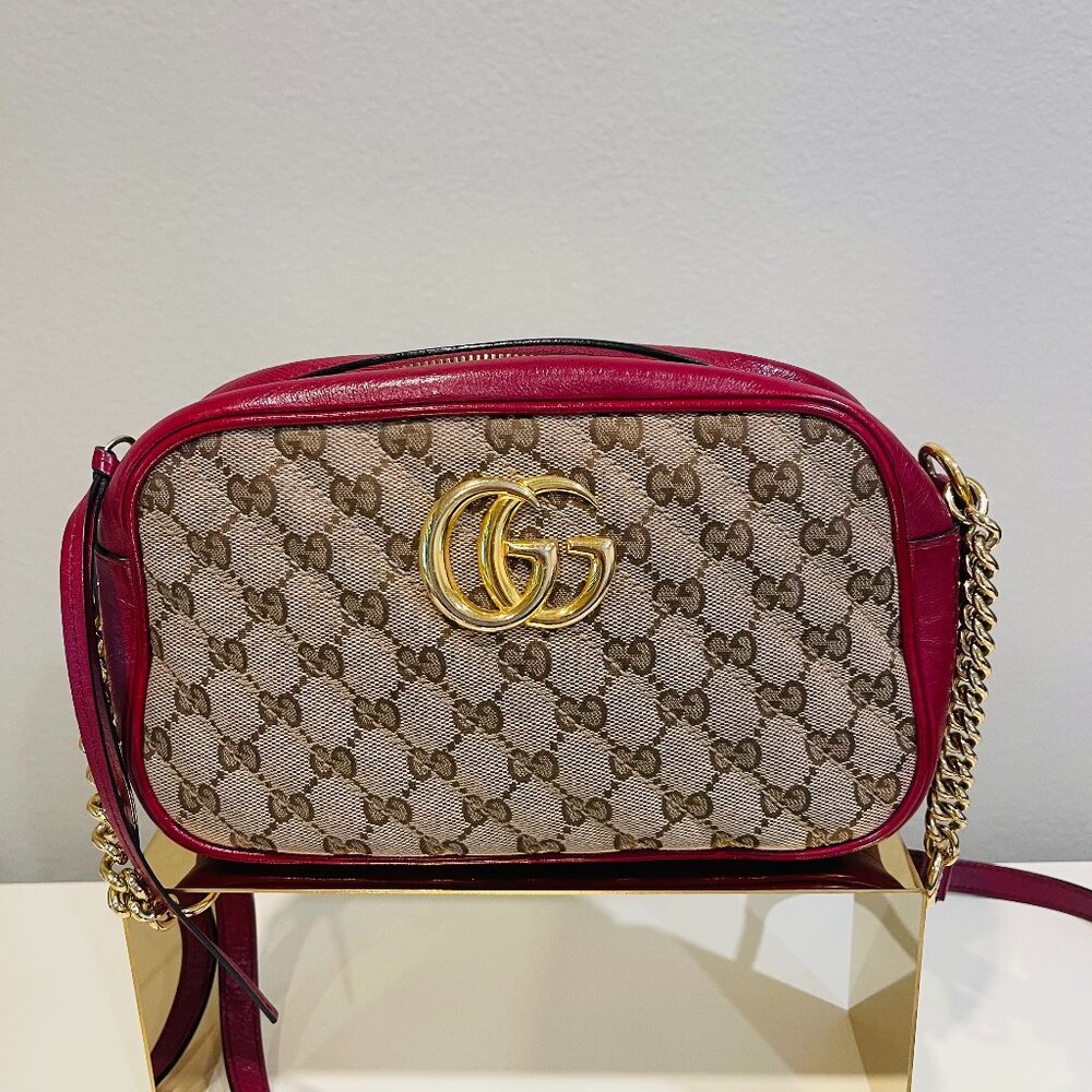 Gucci Small GG Canvas Marmont Crossbody – Brown with Red & Beige Accents